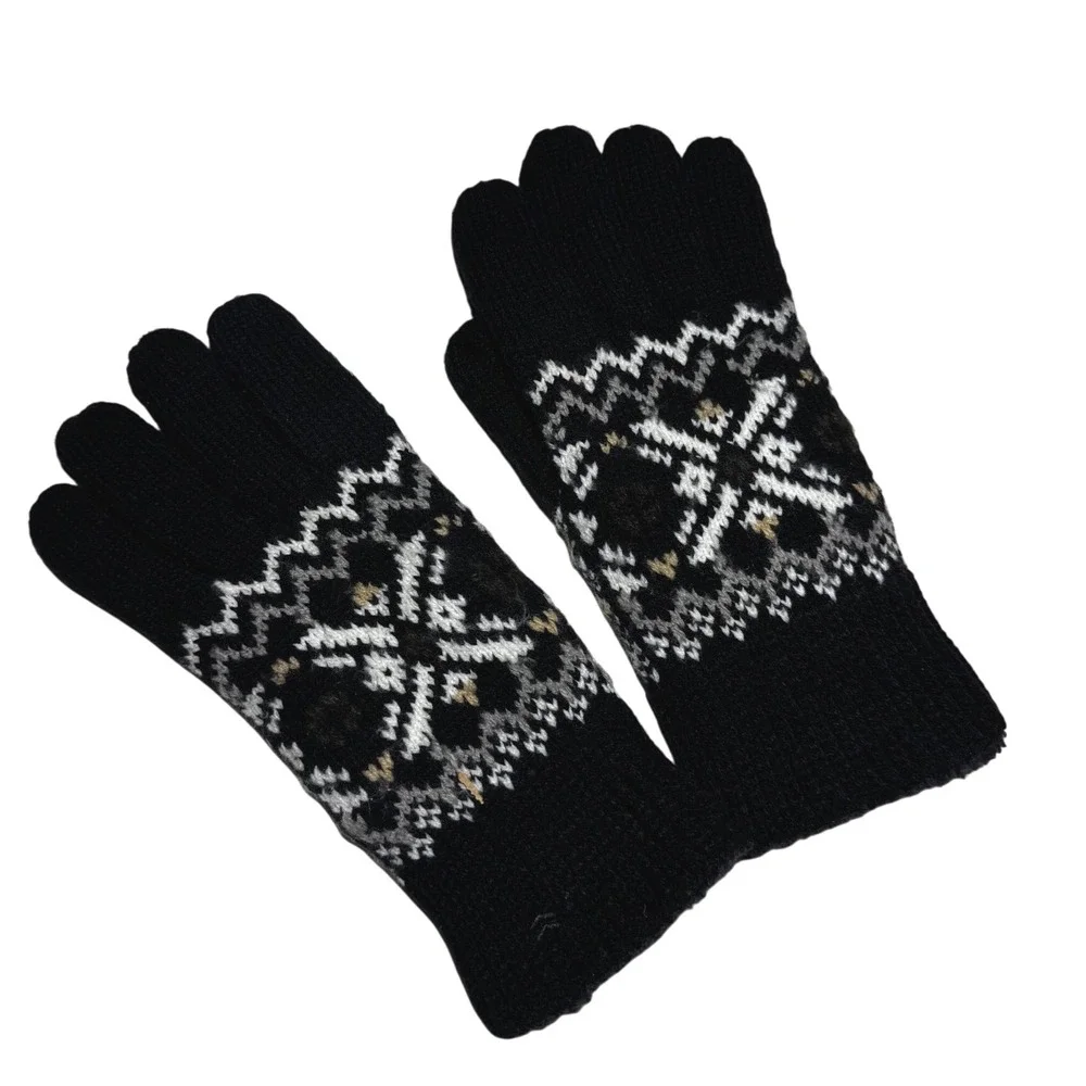 Black Knit Beanie and Fair Isle Gloves‎ Set Winter Warm Cozy